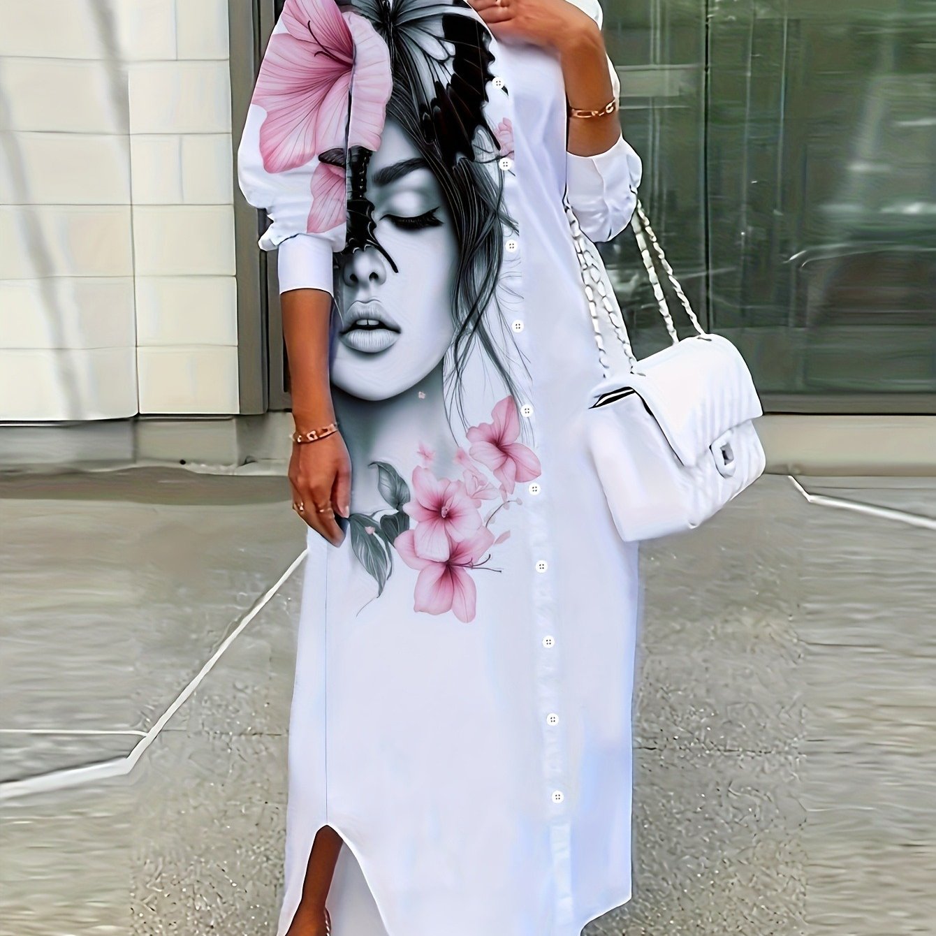 Image of Plus Size - Plus Size - Plus Size Women's Stylish Casual Floral Print Shirt Dress Suitable For Spring And Autumn