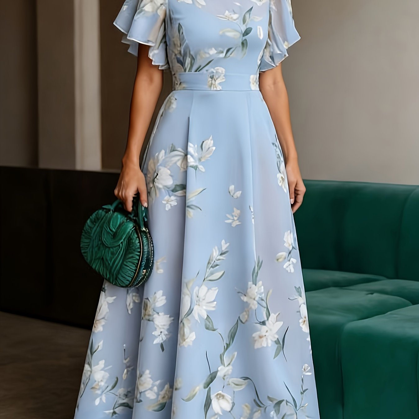 TEMU Women's Floral Maxi Dress, Round Neck Flutter Sleeve A-line Formal Gown For Weddings And Evening Parties