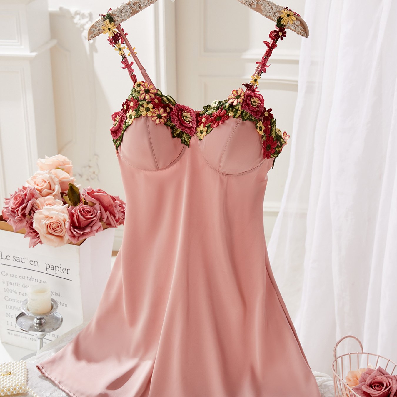 Image of Lace Floral Embroidered Satin Slip Dress- Sexy V-neck Nightgown With Built-in Cups For Women