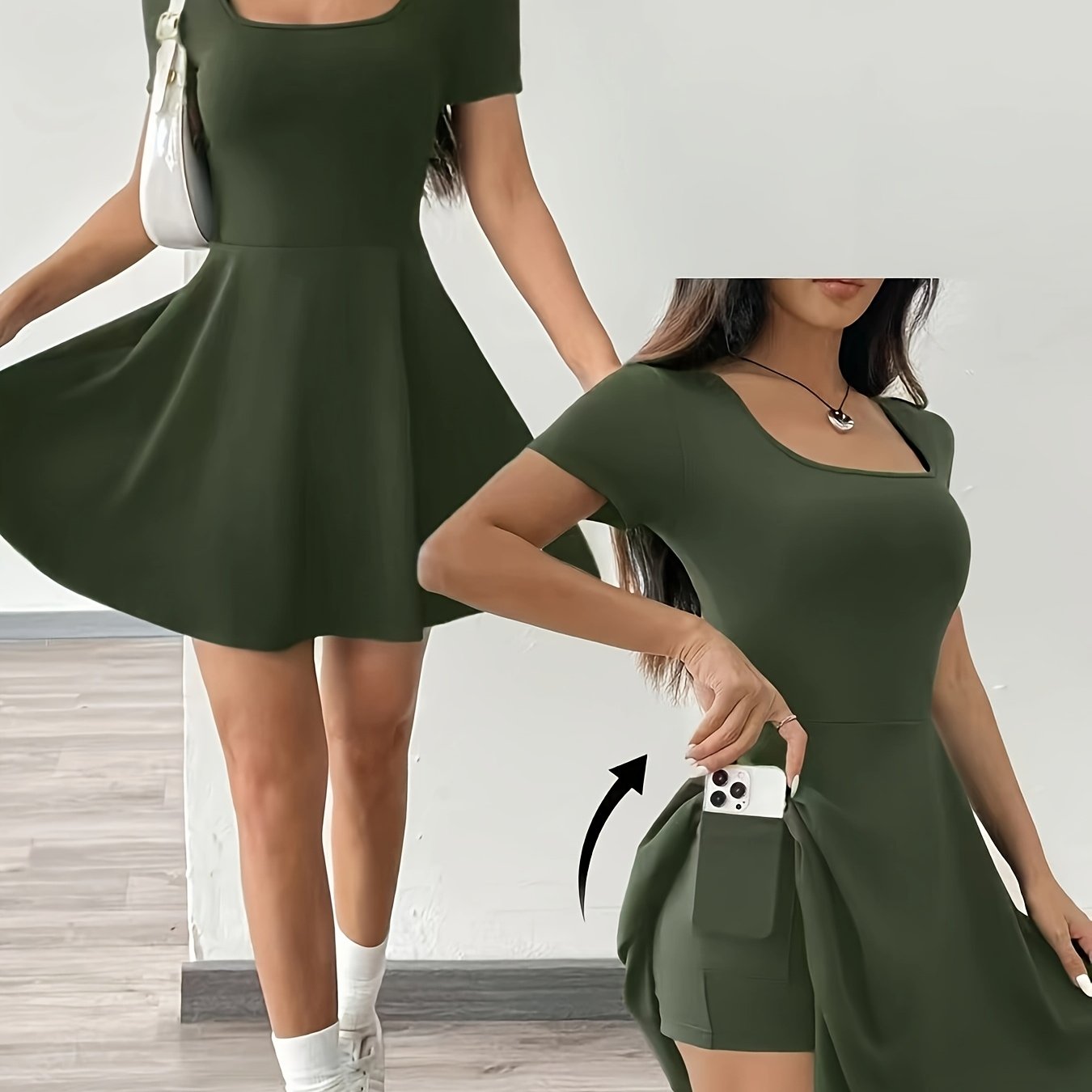 Solid Color Casual Square Neck Short Sleeve Dress