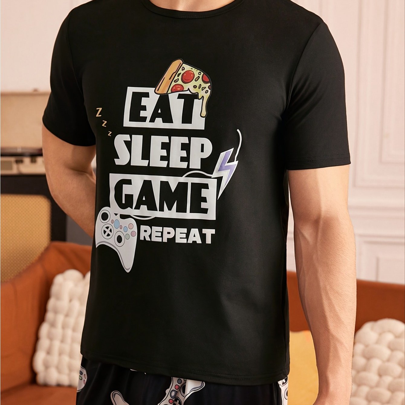 Men's Summer Printed Thin Short Sleeve Round Neck T-shirt, Home Clothing, Printed Tshirt, Comfortable Fabric