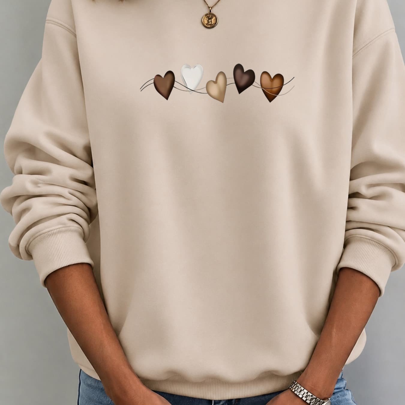Image of Autumn Winter New Pullover: Women's Loose Straight Casual Sweatshirt With Heart Print, Soft Breathable For Daily Wear, Round Neck Long Sleeve