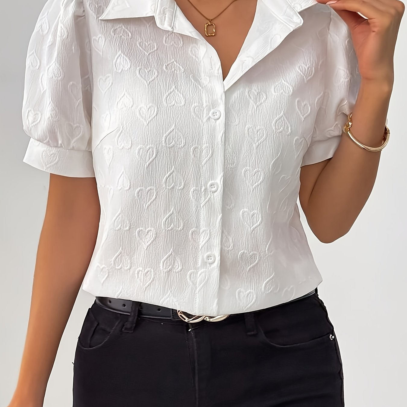 E-shop Elegante Damenbluse mit Puffärmeln und Herzmuster - Schicke weiße Hemdshose mit Revers für Frühling/Sommer/Herbst, für lässige oder Bürowäsche,