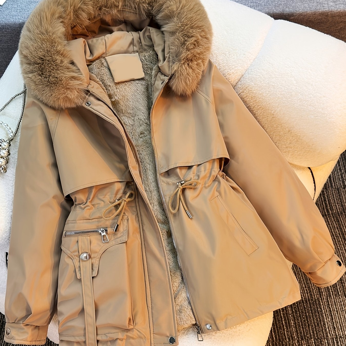 TEMU Autumn Winter Women's Thick Warm Windproof Hooded Coat, Drawstring Waist Adjustable Zipper Snap-button Multi-pocket Casual Cargo Style Jacket