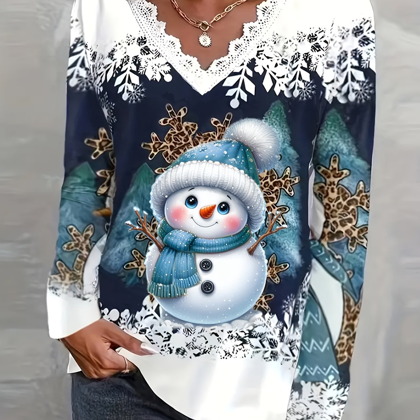 TEMU Plus Size, Women's Plus Size Christmas Snowman Print Long Sleeve T-shirt - Casual V-neck With Lace Trim, Stretchy Polyester, Machine Washable
