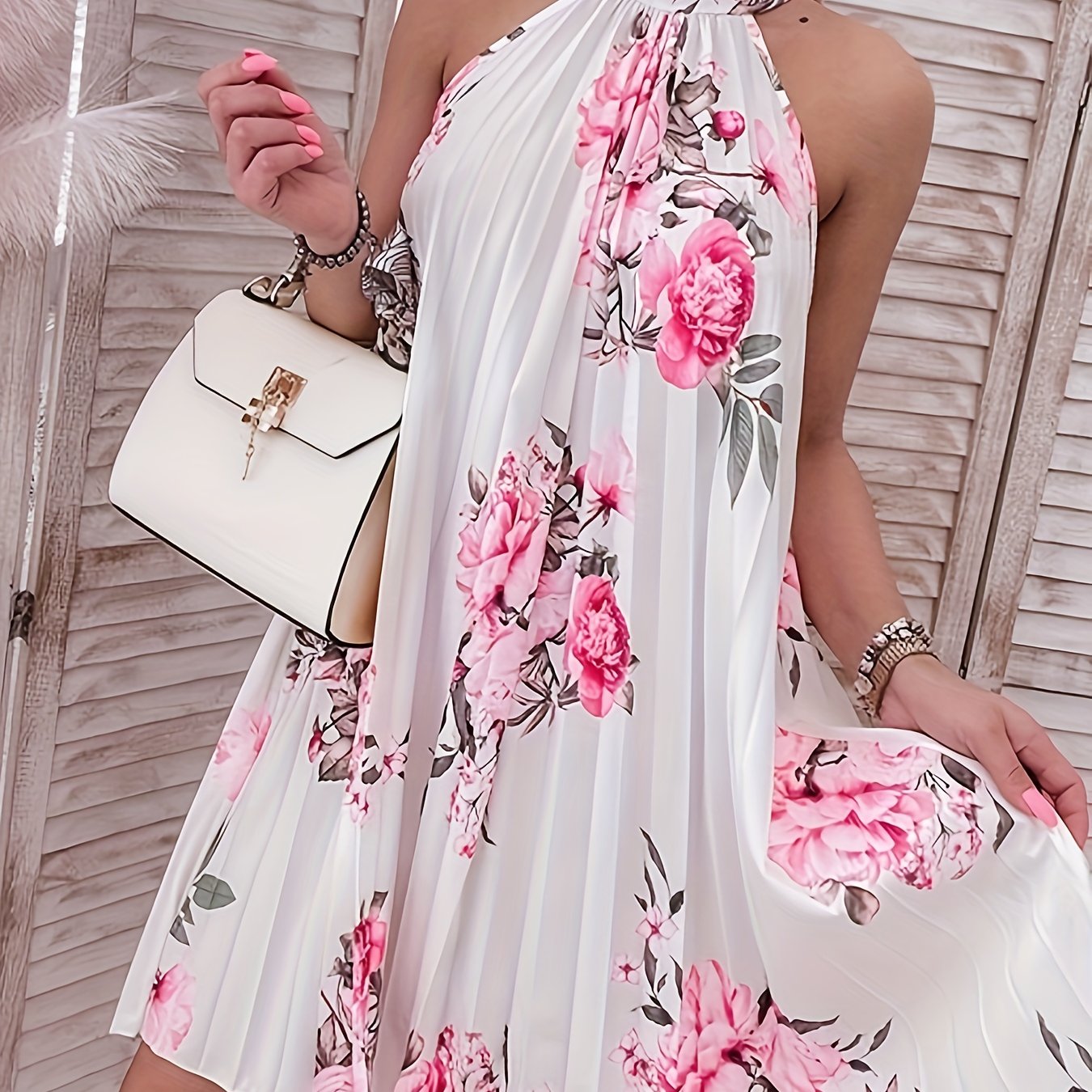 Printed Halter Pleated Dress