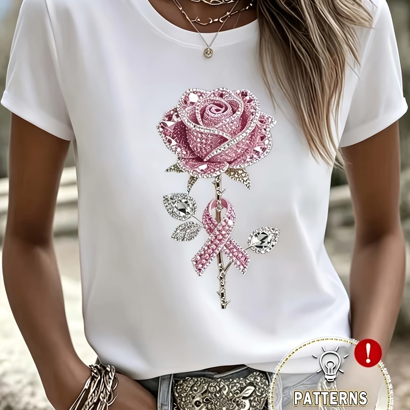 TEMU Pink Rhinestone Rose And Awareness T-shirt For Women, Casual Round Neck Short Sleeve Summer Top With Sparkly Floral Graphic, Comfortable
