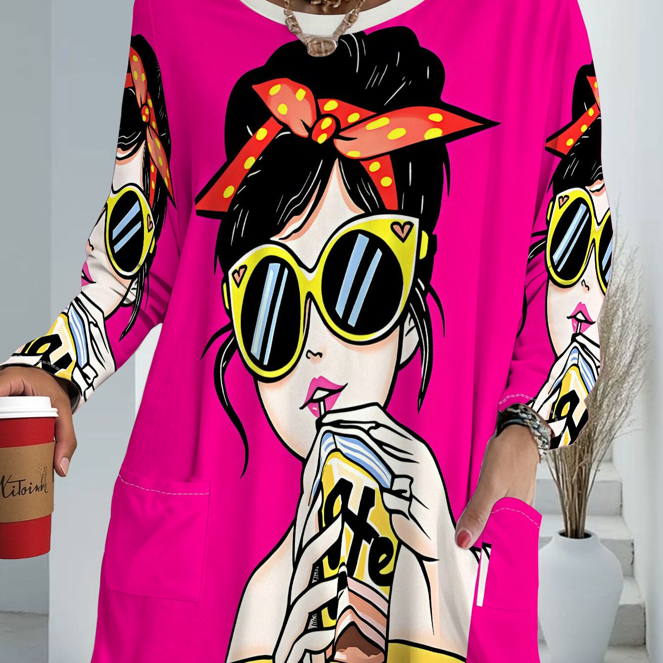 TEMU Women's Plus Size Oversized Full-body Pink Doodle Print T-shirt With Pockets - Loose Fit Long Sleeve Blouse, Casual Spring Summer Fall Top,