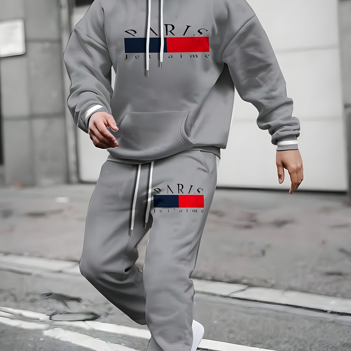TEMU 2pcs Paris Printed Men's Spring And Autumn Sports Suit, Men's Hooded Sweatshirt And Sweatpants Set With Kangaroo Pocket And Drawstring, Plus Size