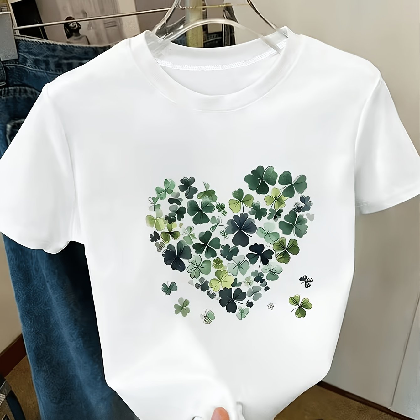 TEMU Clover Heart Print T-shirt For Women, Casual O-neck Short Sleeve Summer Tops With 's Day Shamrock Graphic, Comfortable Versatile Daily Wear Tee,
