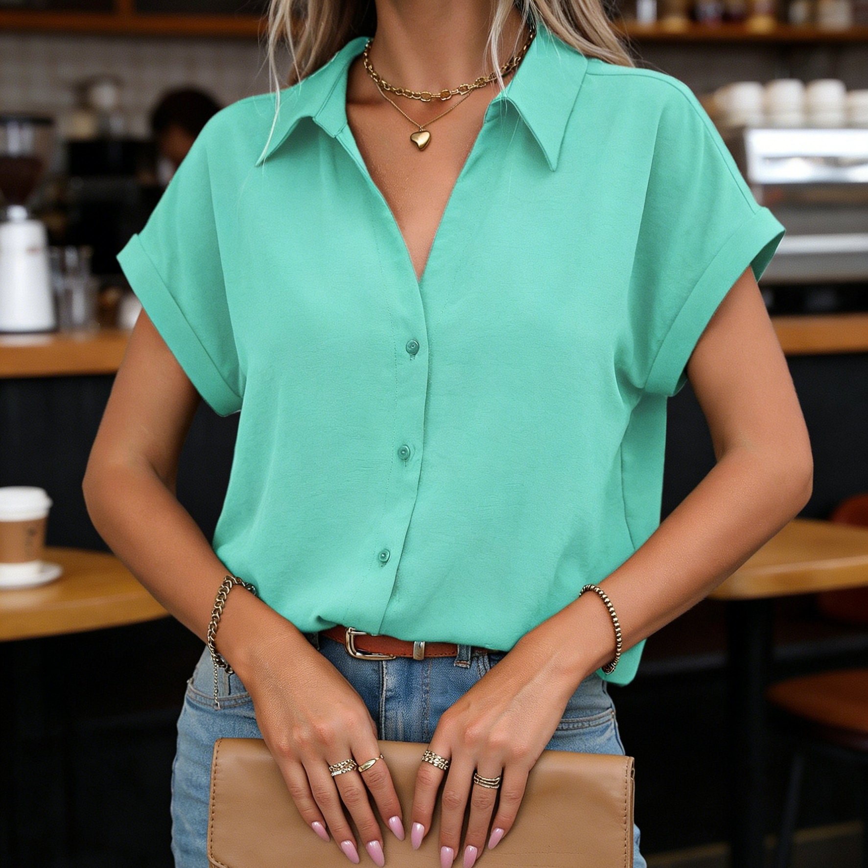 E-shop Elegantes Damen-Spezialität Shirt in Unifarben mit offener Vorderseite, abgesenkten Schultern und kurzen Ärmeln