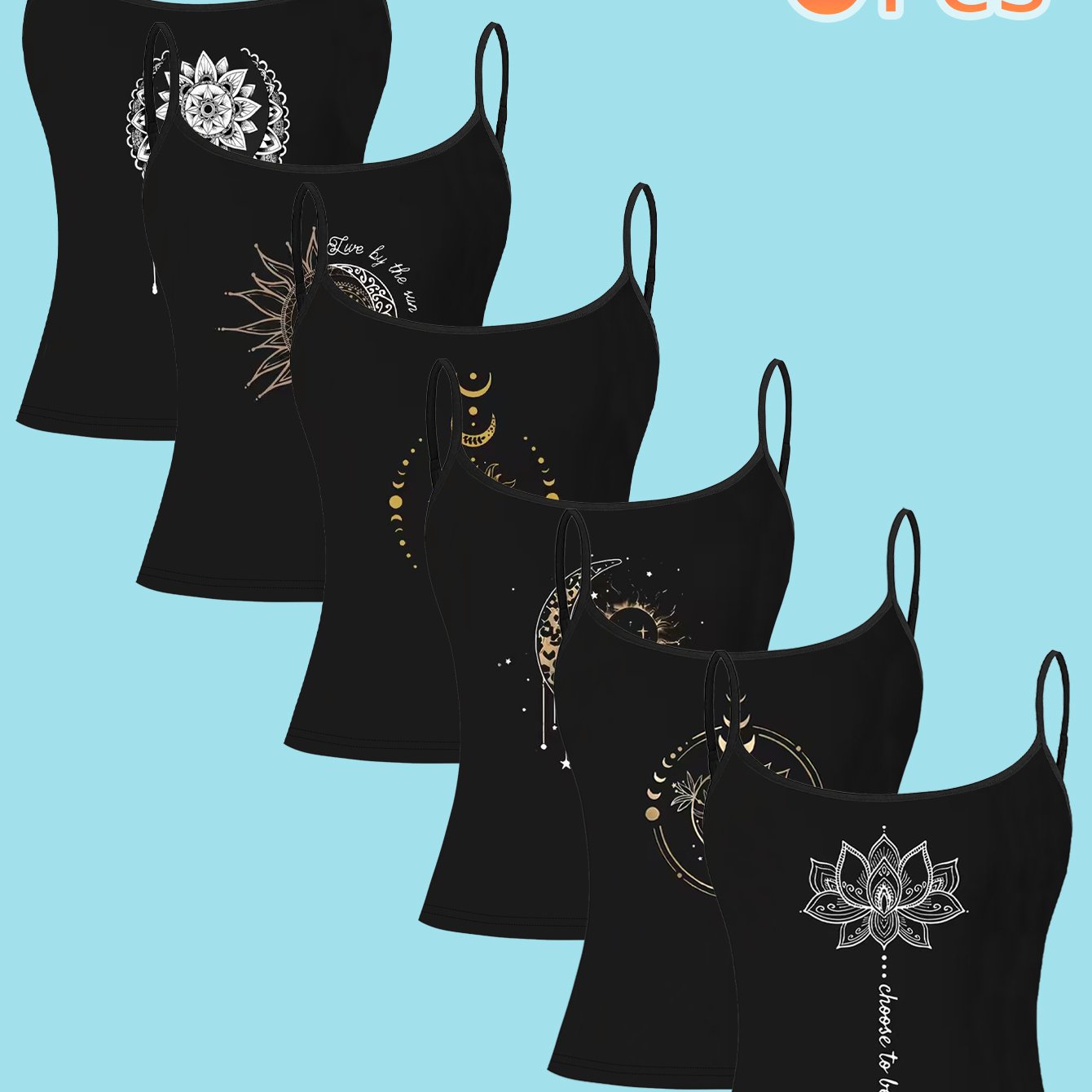 TEMU 6pcs Astrological Elements Suspender Set | Sun Moon / For Lotus Print, With Golden And White Texture, Vacation-inspired Homewear Outfit
