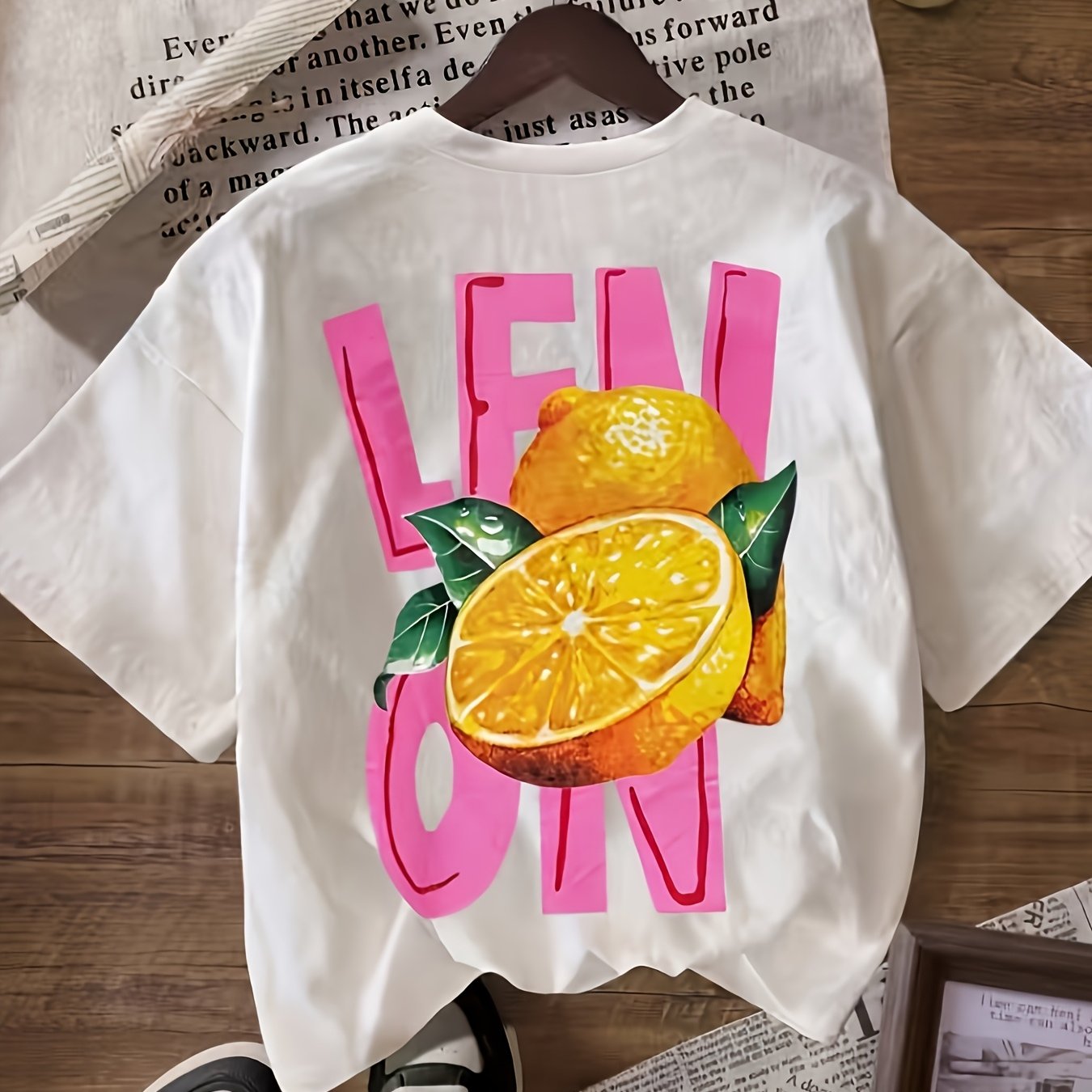 TEMU Plus Size, Women's Casual Lemon Fruit Print Round Neck Short Sleeve T-shirt, Summer Beachwear