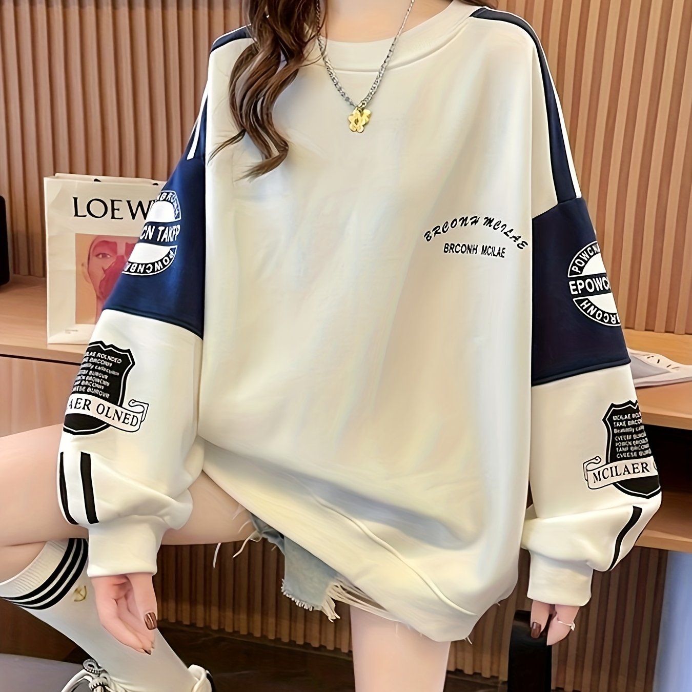 TEMU レディース スプライスド エ スウェットシャツ 新作秋冬スタイル ゆったり厚手 ユニフォームデザイン おしゃれで若返り 韓国カジュイル 快適でトレンディ アウトドア着用必須