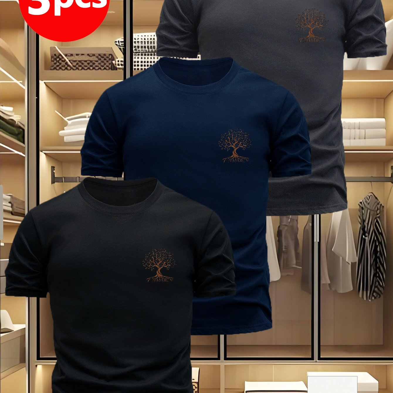 TEMU 3pcs Men's Artistic Tree Texture Short Sleeve T-shirts, Design, Chest With Unique Tree Pattern, Winding Branches, Rich Details, Blending Natural