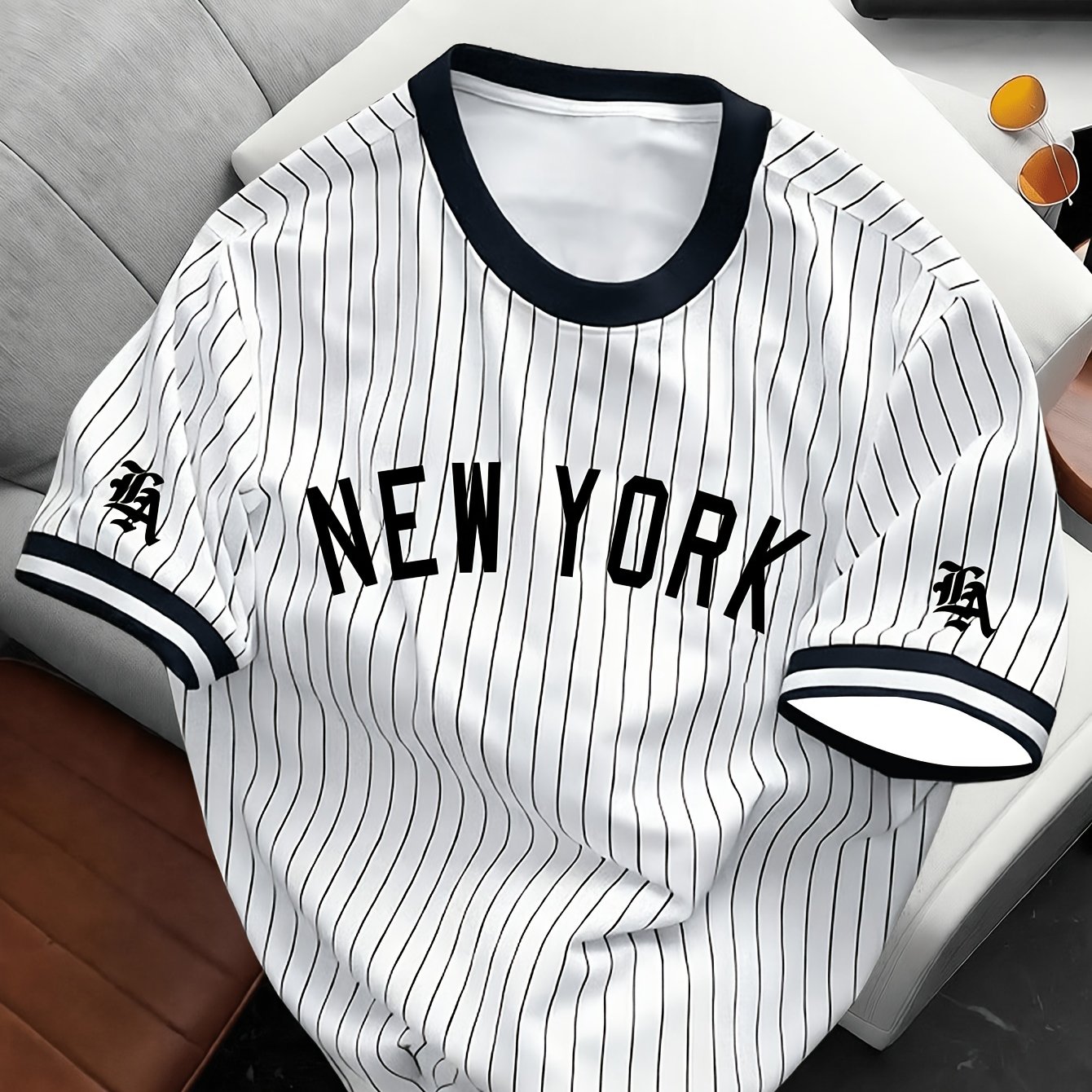 TEMU Diseño Estampado, Sin , No, Sin Lentejuelas, Sintético, Sin Adiciones, Camiseta de Hombre con Cuello Estampada, Talla de Hombre, Rayas Estilo ,