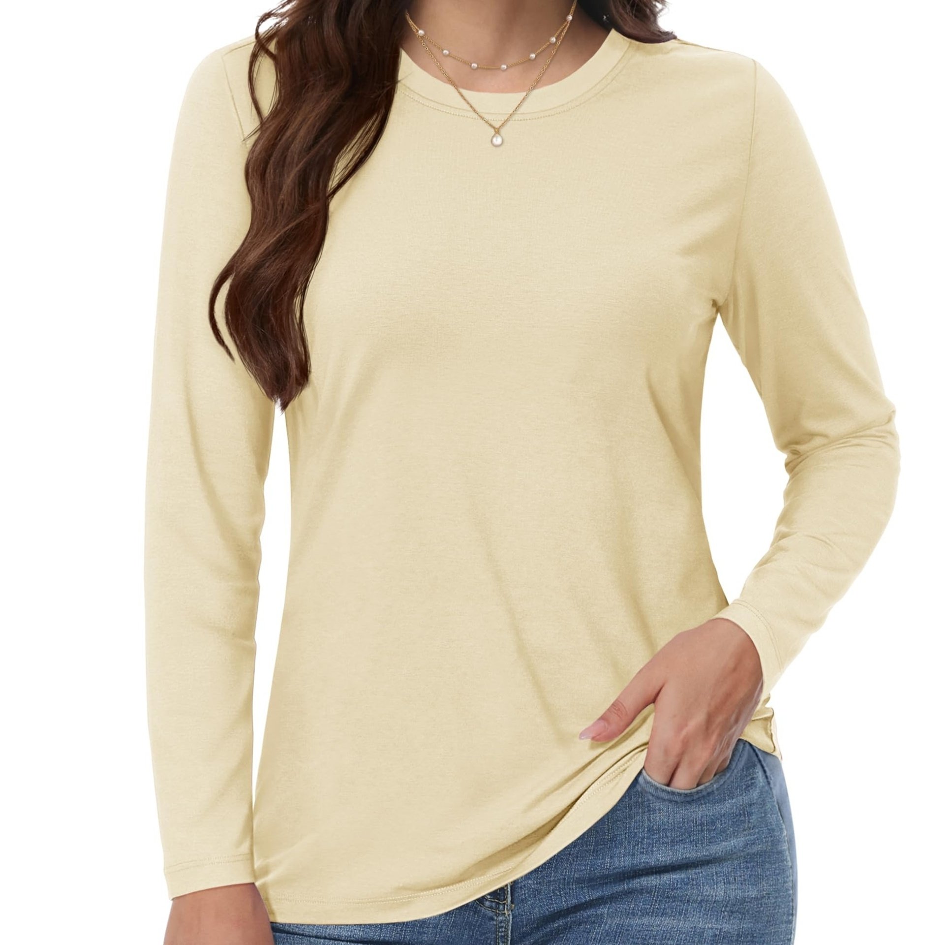 Image of A Versatile Long-sleeve Crew Neck T-shirt For Women, Designed To -soft, Stretchy, And Lightweight. Breathable And Wear, In Solid Colors With A Regular Fit, To Layer For Any Occasion