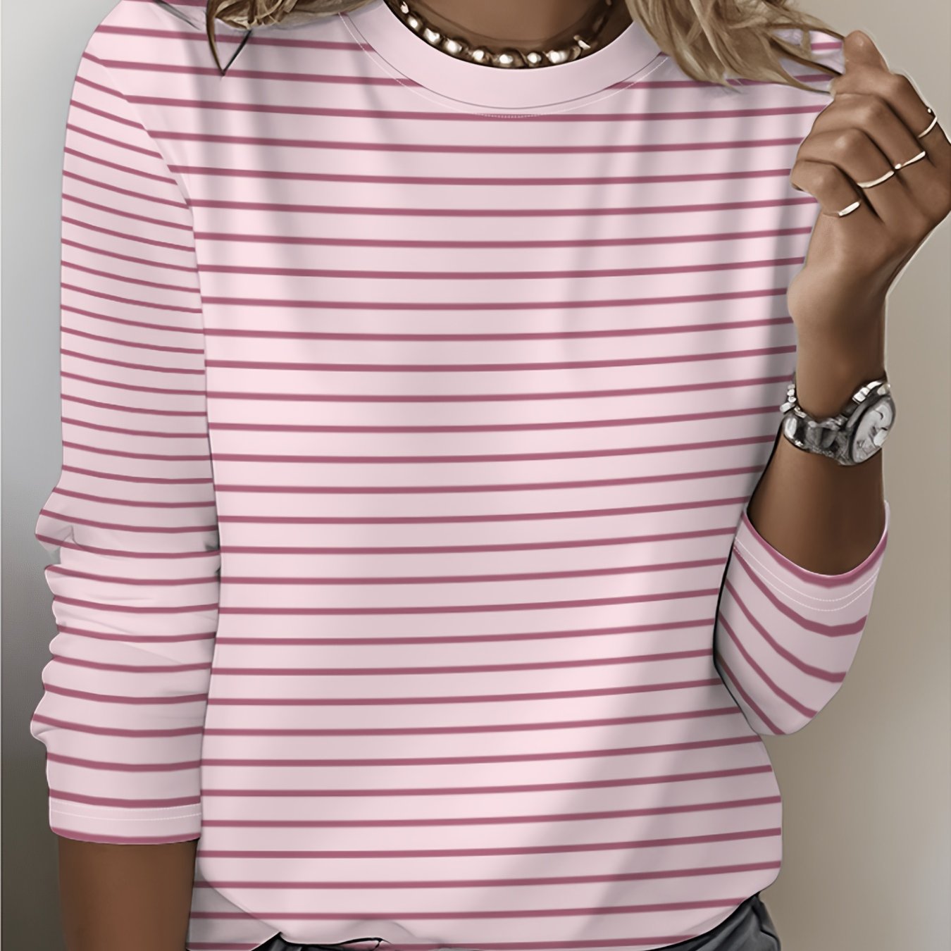 TEMU Women's Soft Breathable Striped Round Neck T-shirt - Non- Base Layer Blouse-compatible Suitable For Commuting, Dating & Daily Wear, Medium
