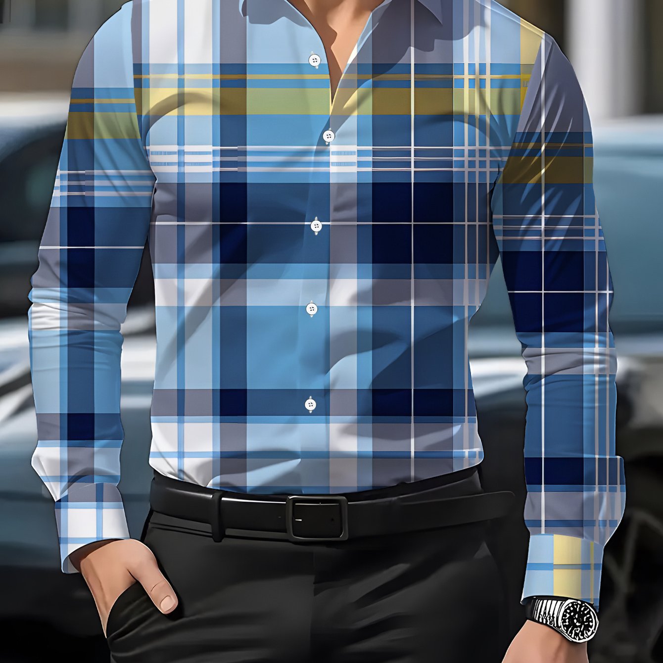 TEMU Men's Long Sleeve Shirt, , ' Print Shirt, Checkered Elements, Men's Shirt, Blue Yellow Gray Checkered Style, Men's 3d Casual Shirt, Soft And