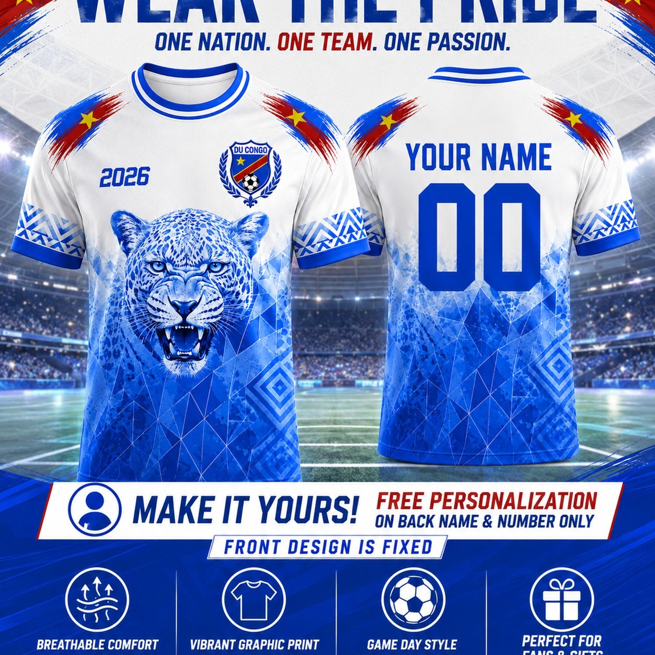 TEMU Free Customization Clothing | Congo Soccer Jersey, Men's Short Sleeve Sports T-shirt, National Theme Design, Match Viewing Wear, Street Fashion