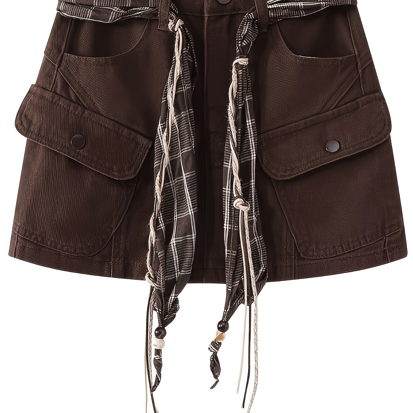 Women' Brown Cargo Mini Skirt With Tie Waist High Waist A-line Skirt With Pockets Y2k Streetwear