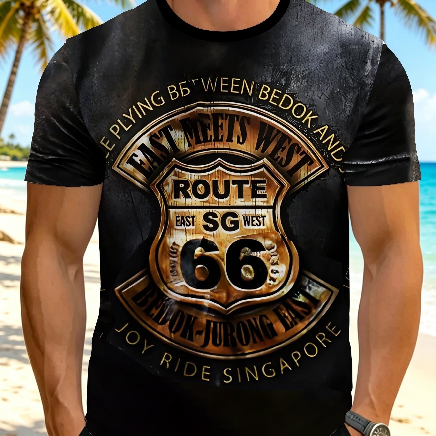 TEMU Men's T-shirt, Black. Features Road Signs As Pattern, Full Of Style, With A Cool Vintage Vibe