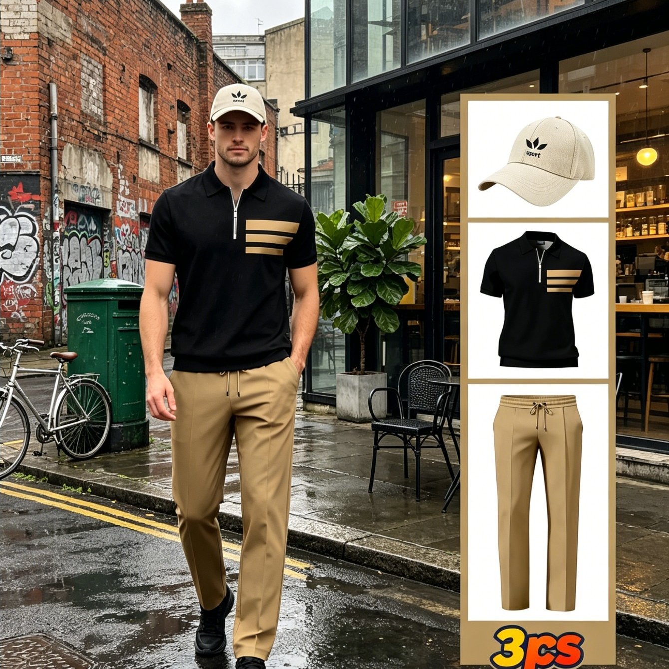 Men's Casual Suit, Short-sleeved Shirt + Trousers + Hat, Trendy Geometric Greek Key Diagonal , For Adult Sportswear