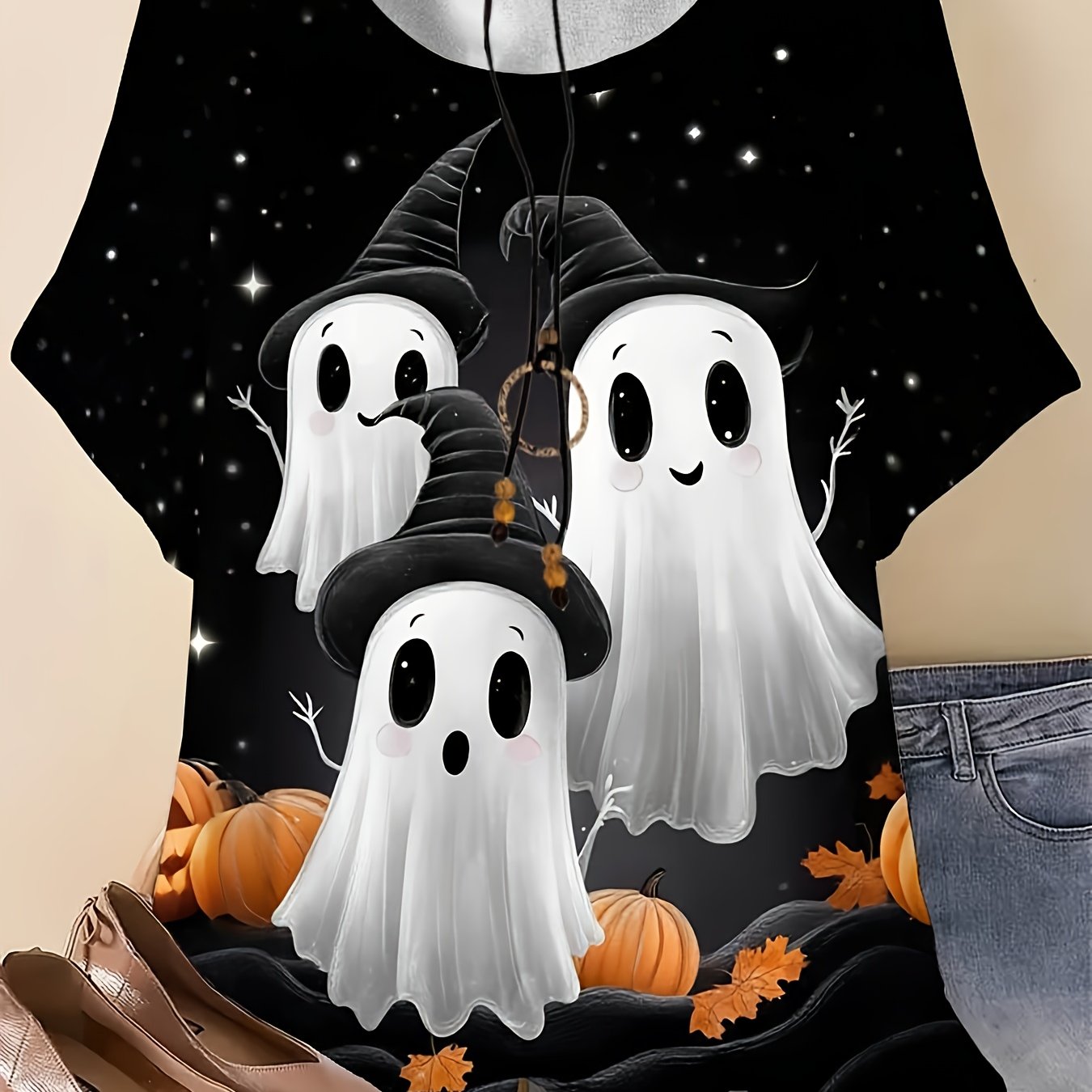 TEMU Plus Size - Plus Size - Plus Size Women's Round Neck Halloween T-shirt - Pumpkin Fall Tee, Spooky And Pumpkin Print, Casual Short Sleeve, Crew