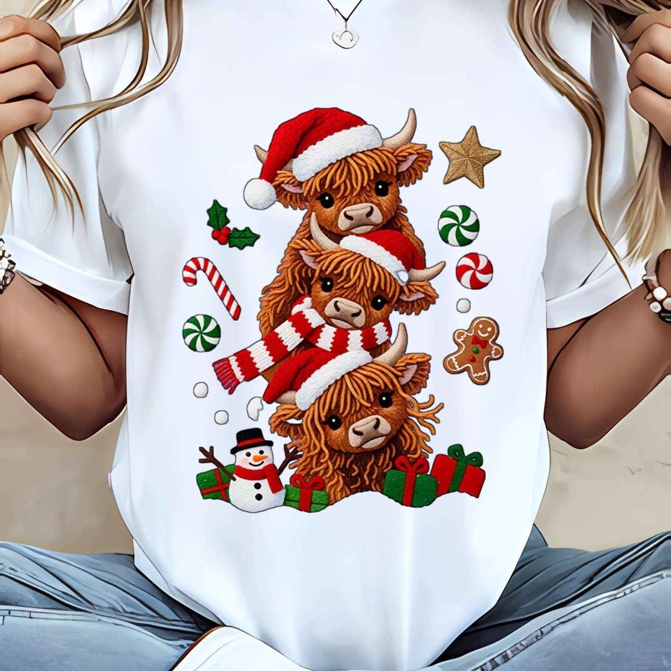 TEMU Women's Summer Casual T-shirt-printed With 3 Highland Cows In Santa Hats With Christmas Treats And Decor Design01-2026 New T-shirts