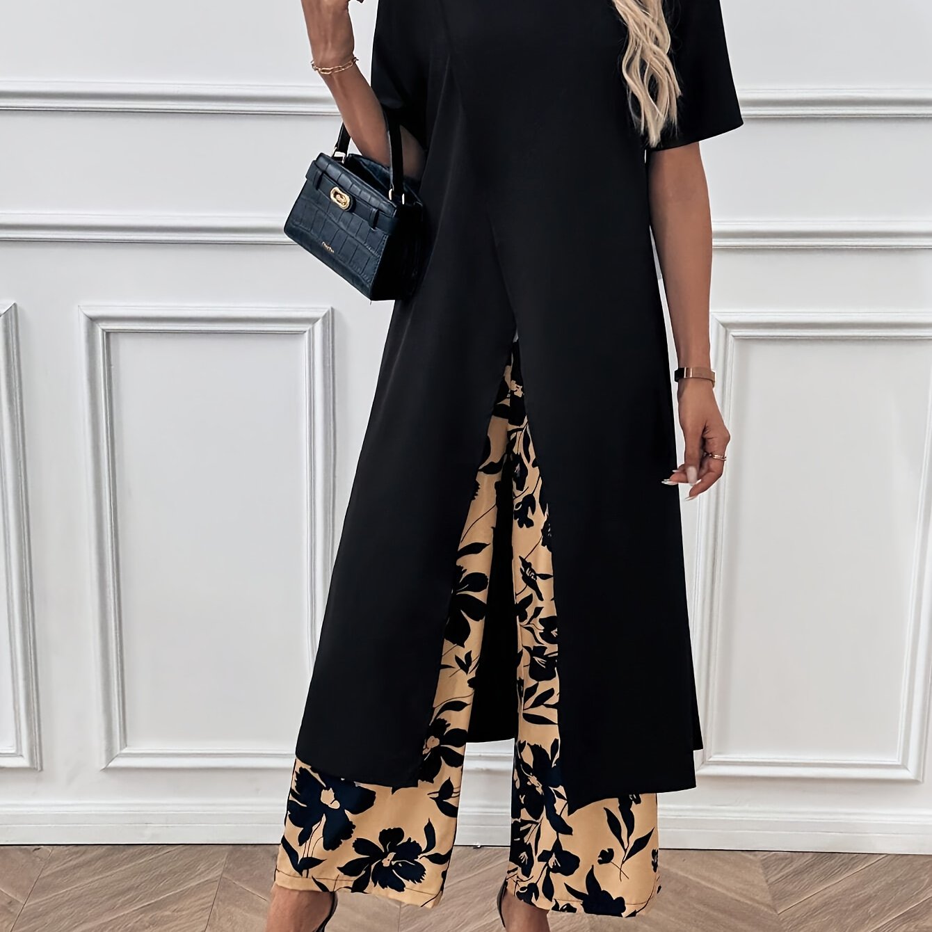 E-shop 2er-Set Frühlings-/Sommer-Freizeit-Set in Unifarben mit ultralangem Top mit gespaltenem Saum und langen Hosen mit Blumendruck