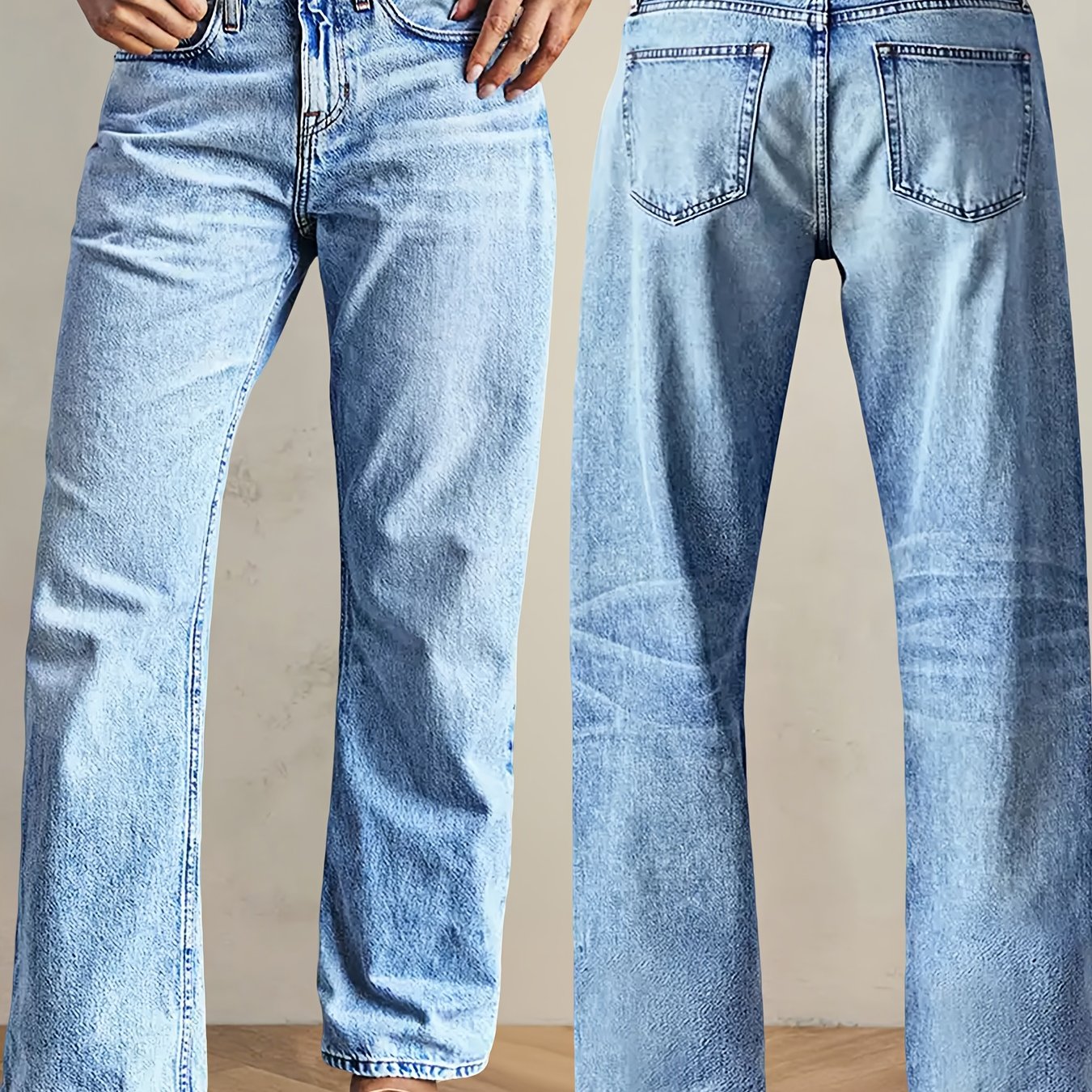 Image of Women's Fashion Stretch Elastic Waistband Jeans - Classic Washed Light Blue With Pockets. New -leg Casual Pants. Comfortable Denim Fabric Suitable For . Ideal For Travel And Work Women's Trousers