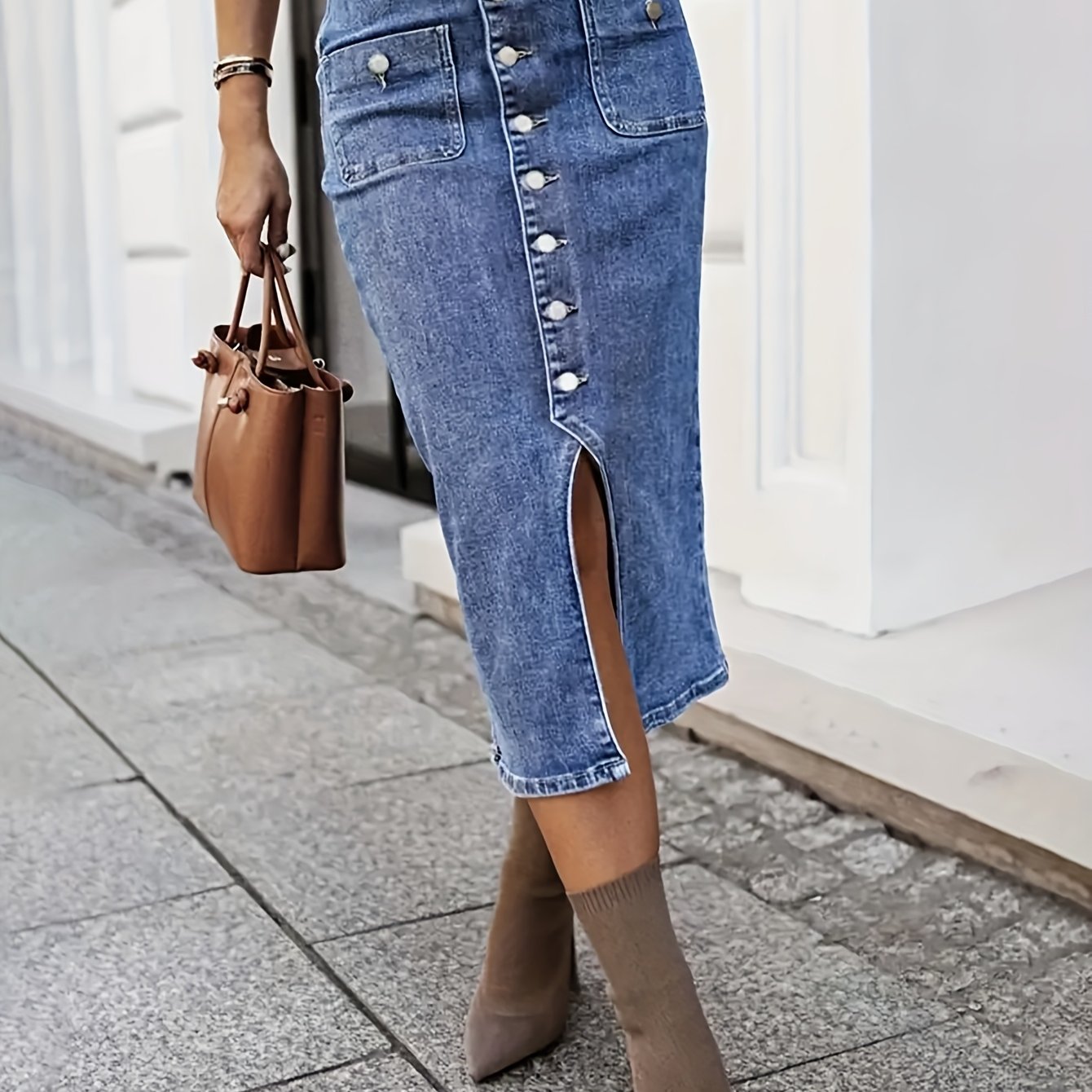 TEMU Denim Skirts For Women, Featuring A High Waist, Button Details, And A Stylish Slit