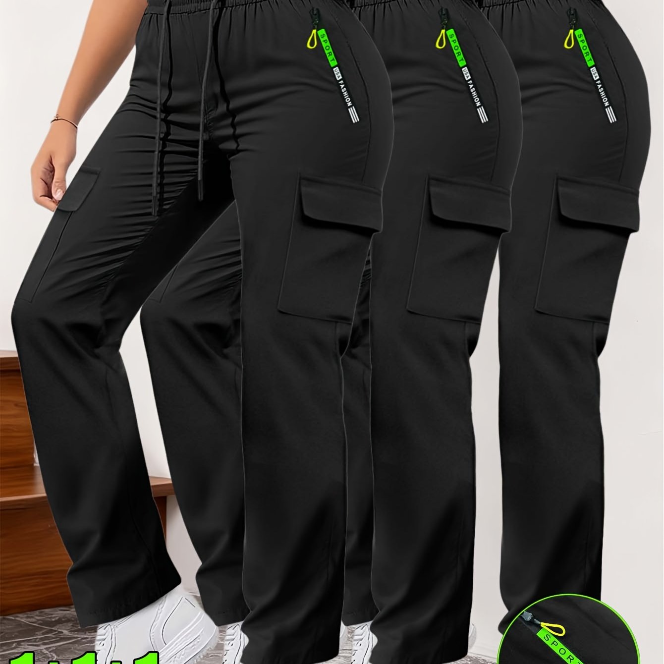 Image of 3pcs Set Women's Comfortable Loose Straight-leg Cargo Pants, High-waisted Drawstring Design, Secure Zipper Pockets, Lightweight Outdoor Walking Casual Sweatpants