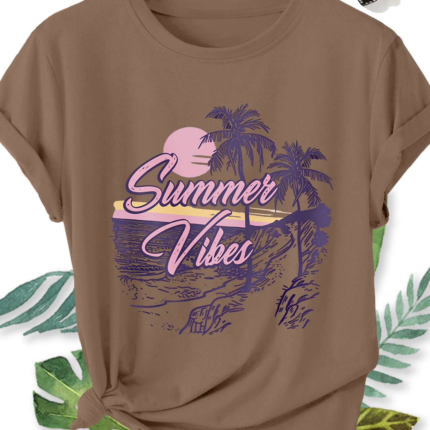 TEMU Women's Elegant Style Plus Size Short Sleeve Vintage Palm Tree Print Round Neck Comfortable Soft Breathable Summer Short Sleeve Gift, Fashion