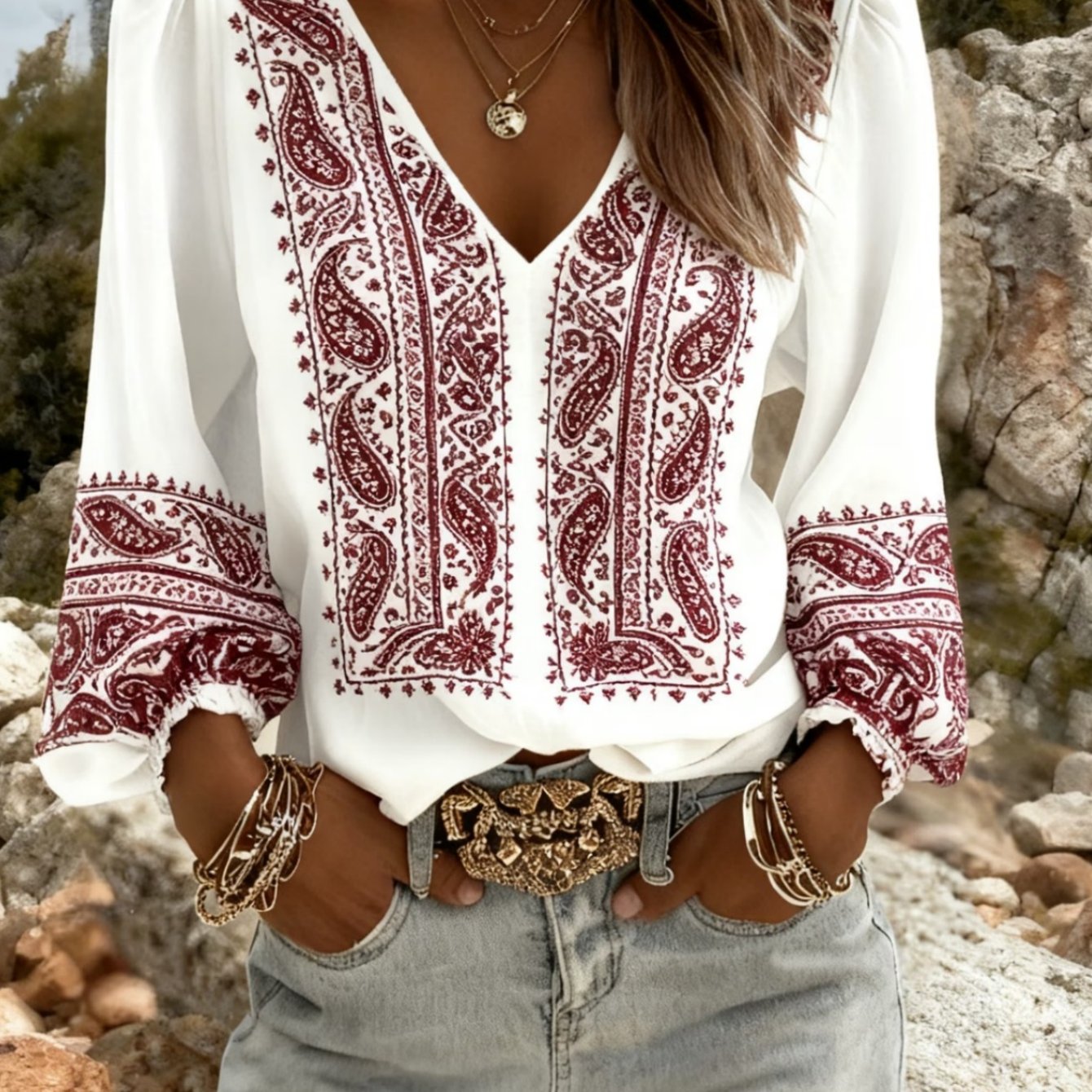 Image of Retro Western Style 2d Flat Print Shirt For Women, Long-sleeved V-neck Top With Bohemian Lantern Sleeves, Perfect For Spring, Easy To Wash In Machine, Ideal For Daily Use And Holidays