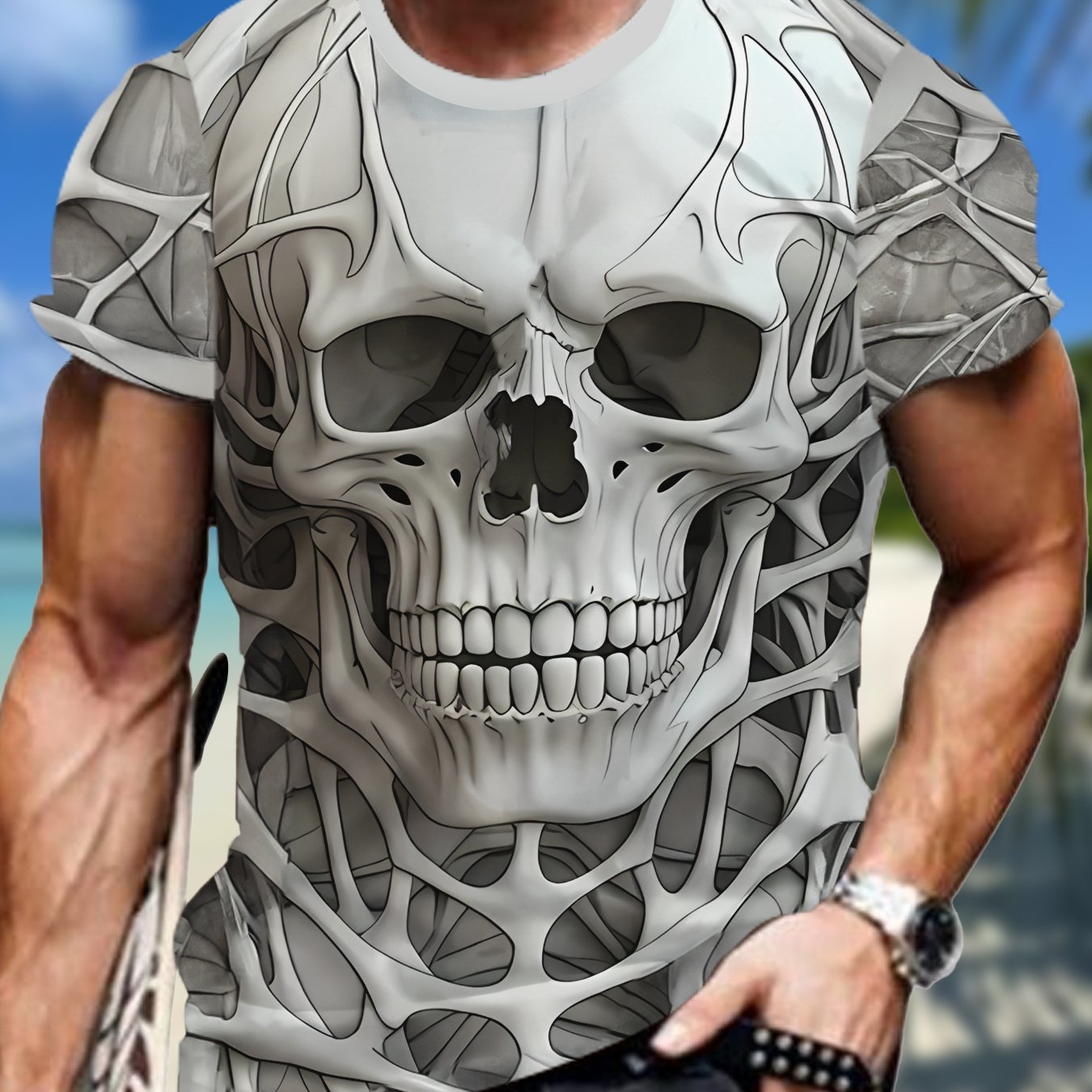 TEMU Men's Skull Graphic Print T-shirt, Short Sleeve Crew Neck Tee, Men's Clothing For Summer Outdoor