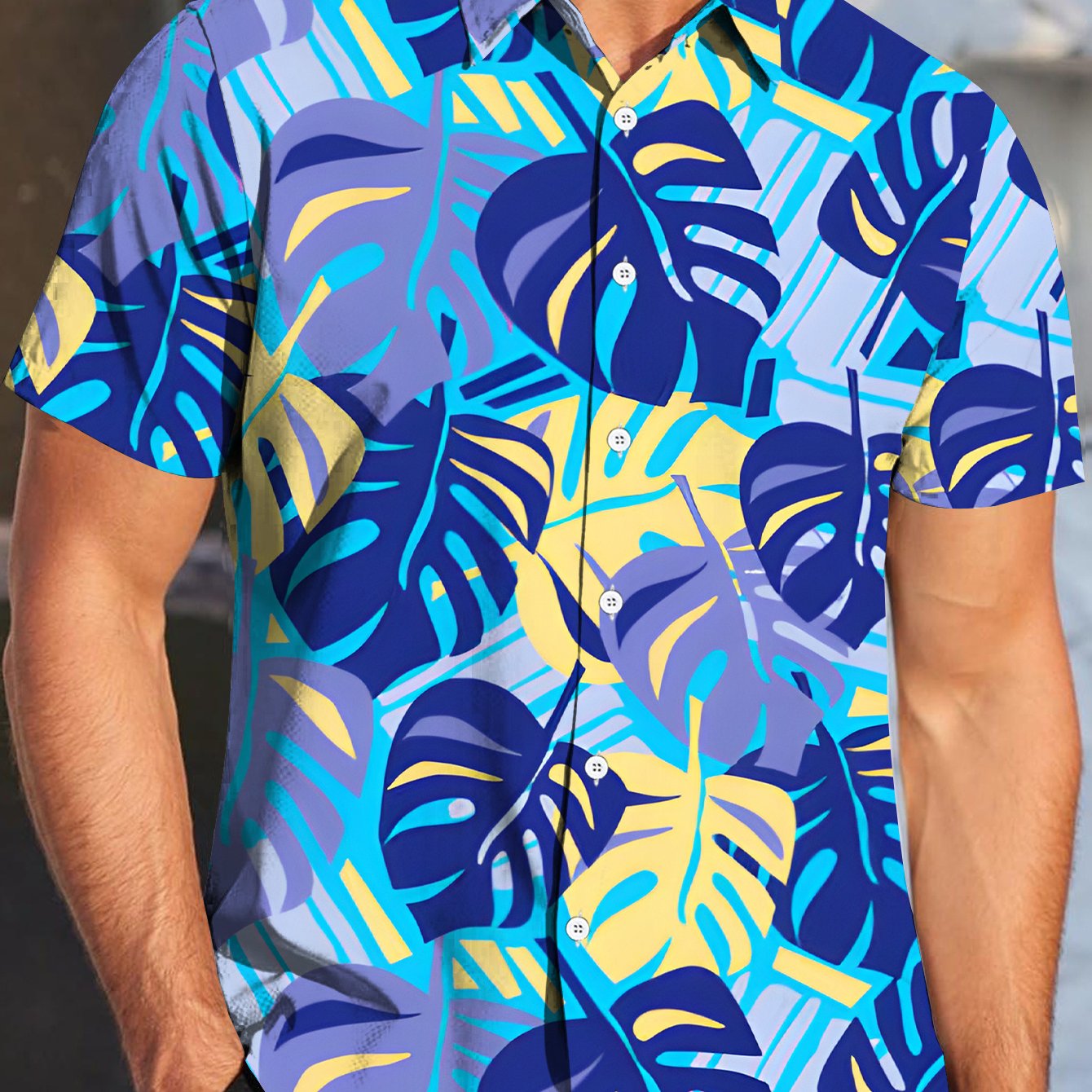 TEMU Men's Tropical Leaf Print Short Sleeve Shirt - Casual Button-up With Lapel Collar, Lightweight Polyester, And , Summer Outfits, Hawaiian Styl