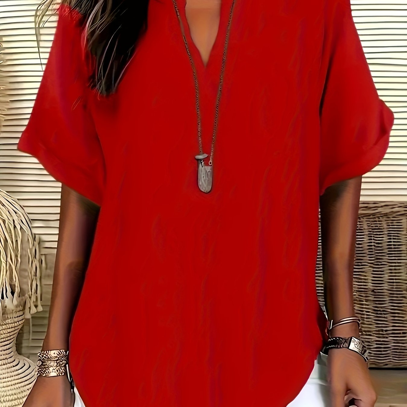 Tingdun Directional Elegant Solid Color V-neck Shirt, Spring/summer Casual Short Sleeve Loose Top