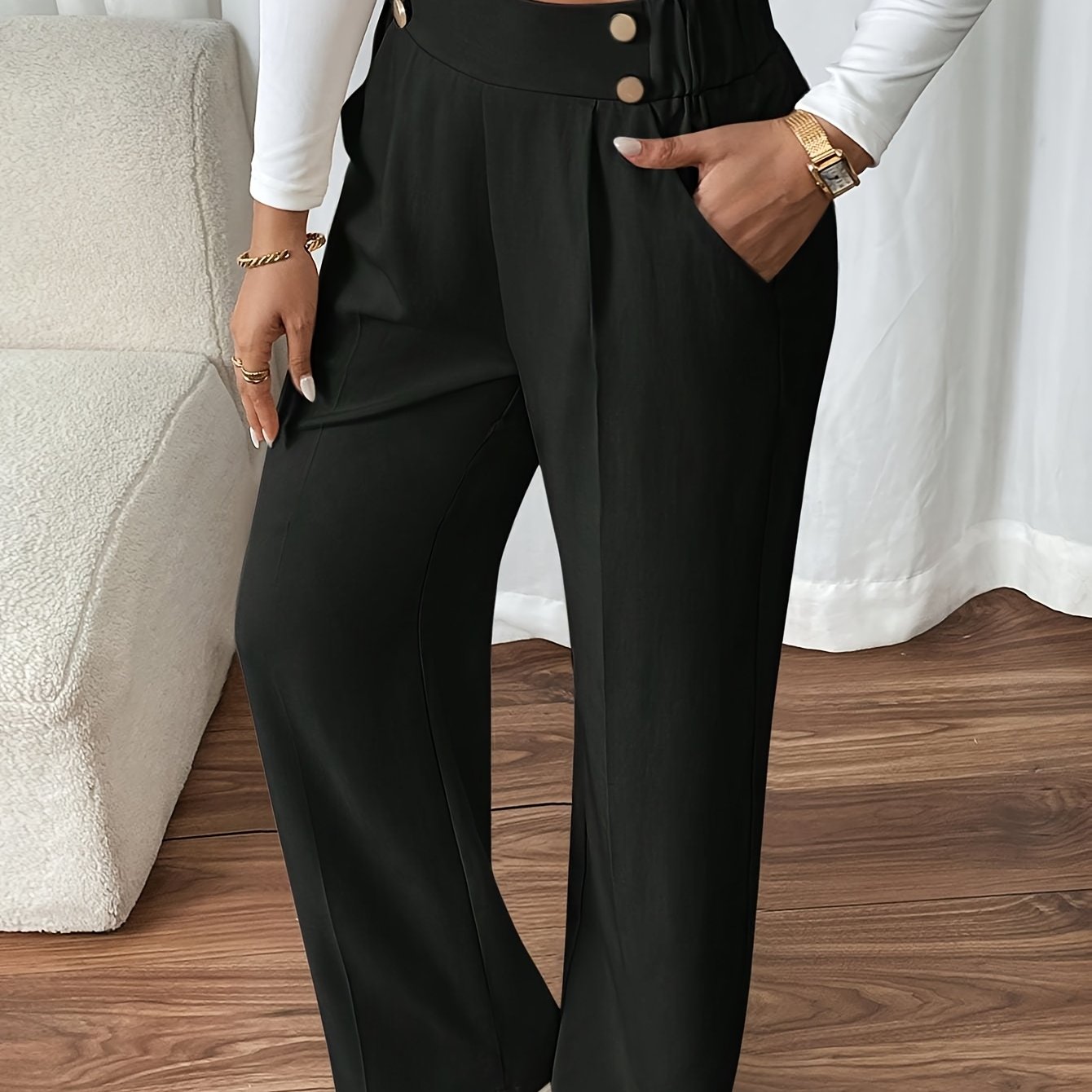 TEMU Women's Elegant Beige Wide-leg Pants With Button Detail - High-waisted, Lightweight Polyester, Casual Or Chic Outfits, Trousers | Button Detail Pants | Fabric