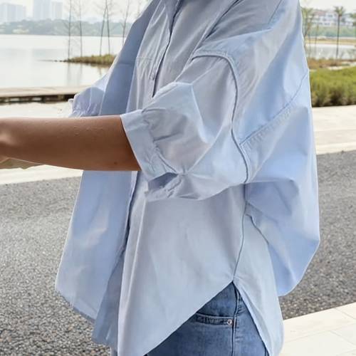 blue lapel short sleeved cardigan top for women with a loose thin casual shirt commuter half sleeved shirt