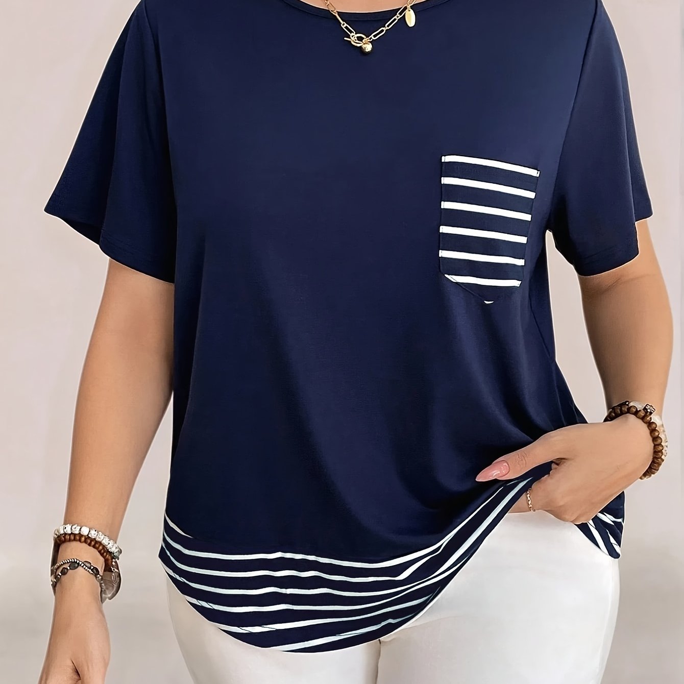 TEMU Plus Size, Plus-size Striped Contrast-color Pocket Casual T-shirt, Western Women's Clothing, Bohemian Style, Festival Summer Outing Spring