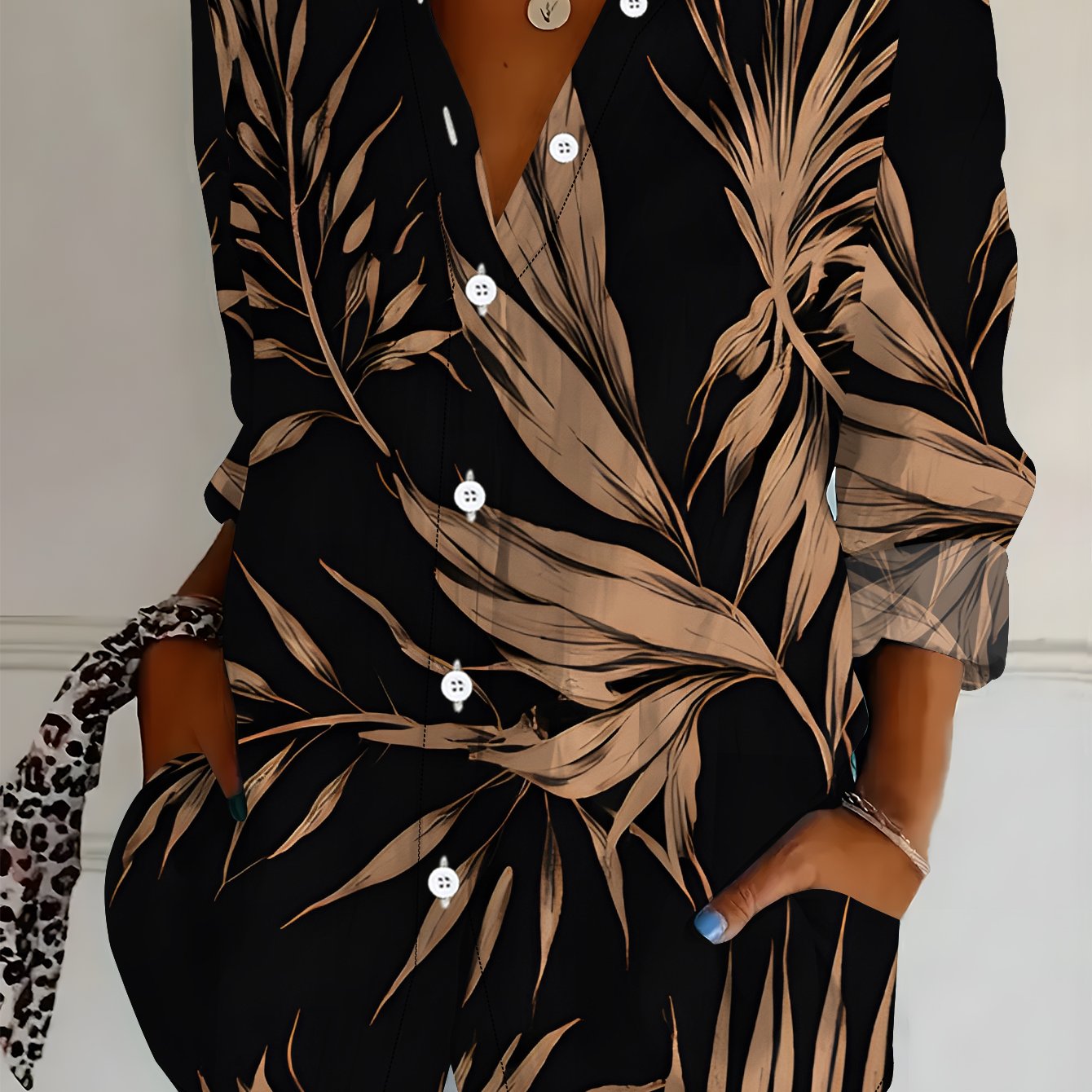 TEMU Plus Size, Plus Size Women's Long Sleeve Shirt, Leaf Print Loose Fit Printed Blouse, Brown Leaf Pattern Style, Mid-length Women's Long Sleeve