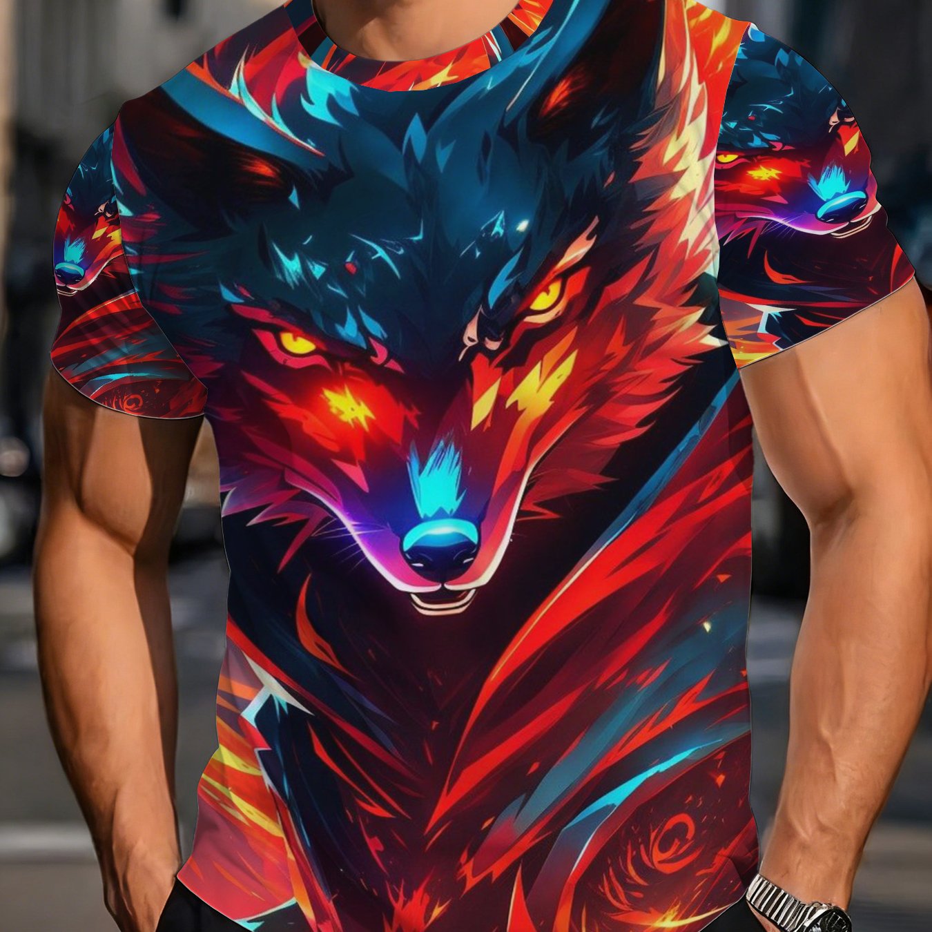 TEMU Flame Wolf Graphic T-shirt - Wolf Print Short Sleeve Round Neck Top | Streetwear Summer Beachwear Suitable For Casual Outfits, Parties, Casual