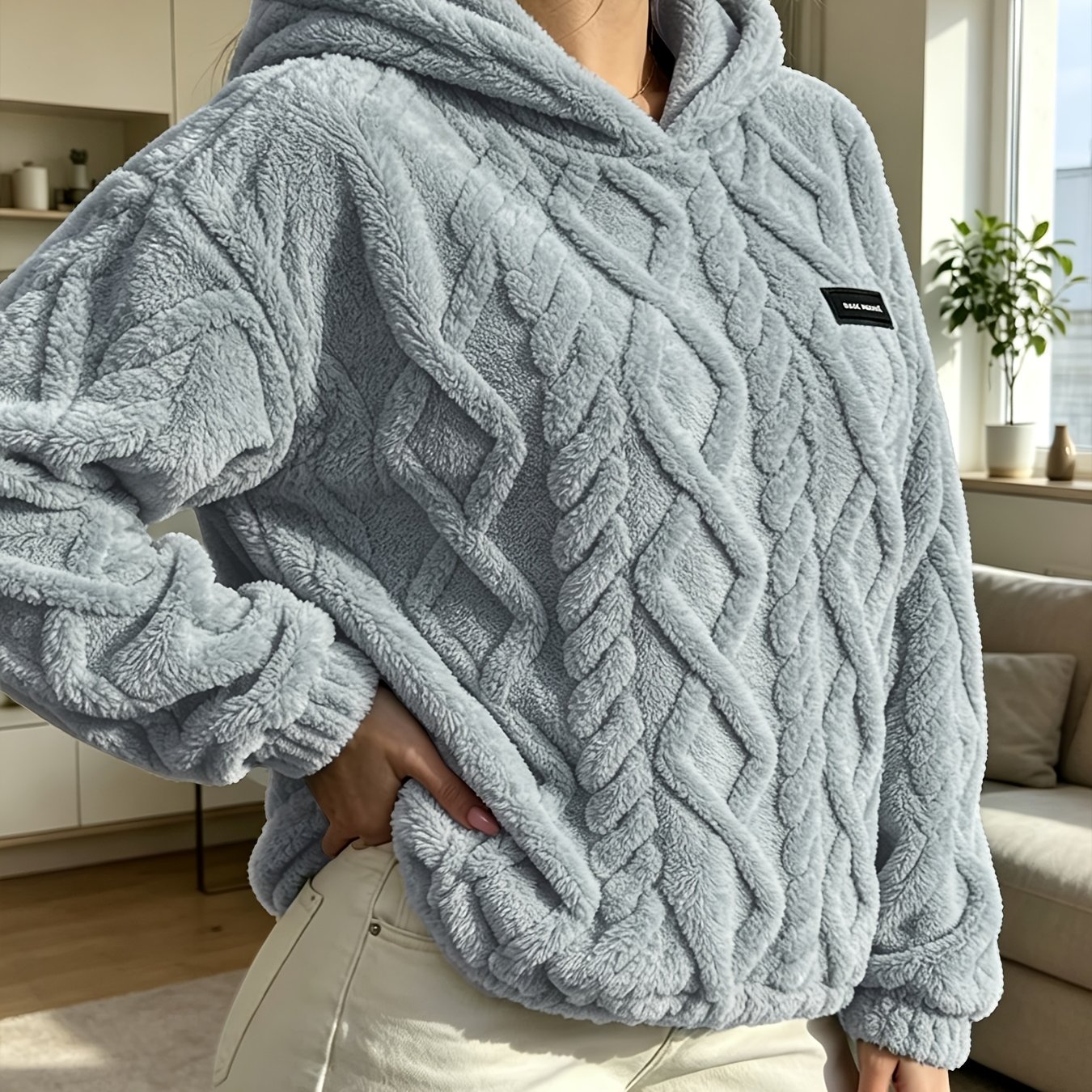 TEMU Sweat à capuche pour femme en laine d' douce et moelleuse, texture jacquard, pull à capuche épais et chaud à manches longues, confortable et