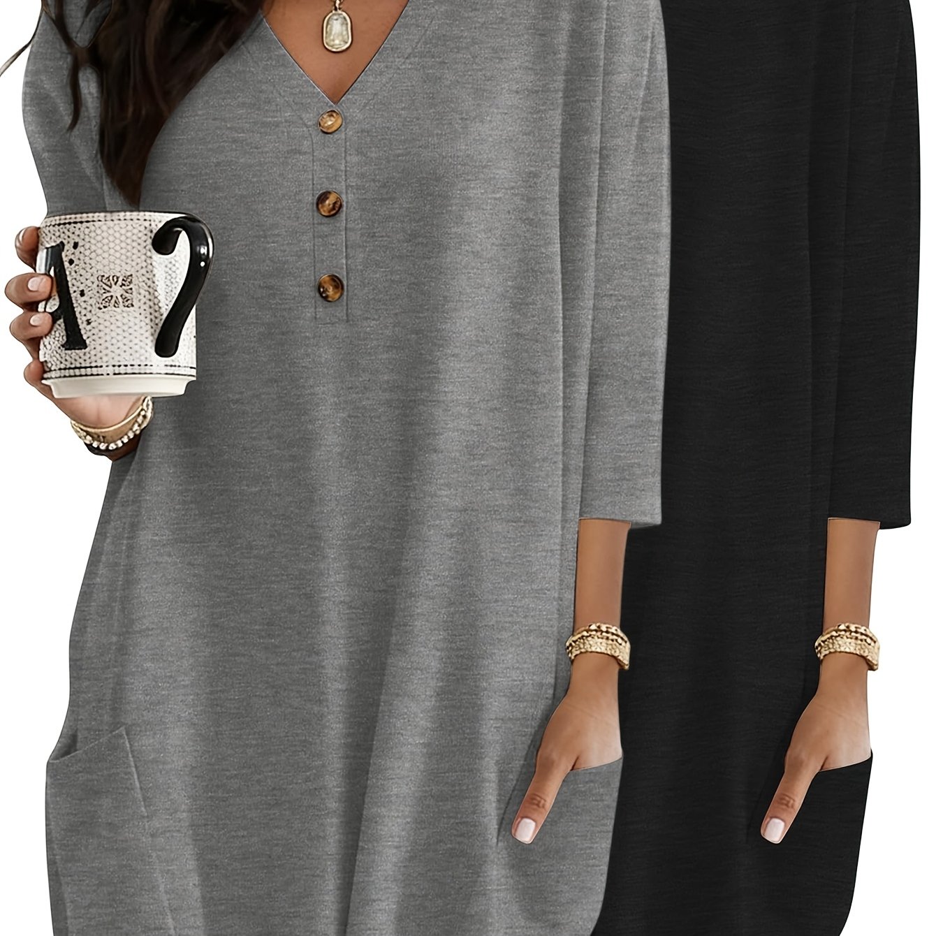 TEMU 2pcs Women's V-neck Shirt With - Loose Fit Longline 3/4 Sleeve Tunic Top, Solid Color Machine Washable Suitable For , Casual & Professional Wear