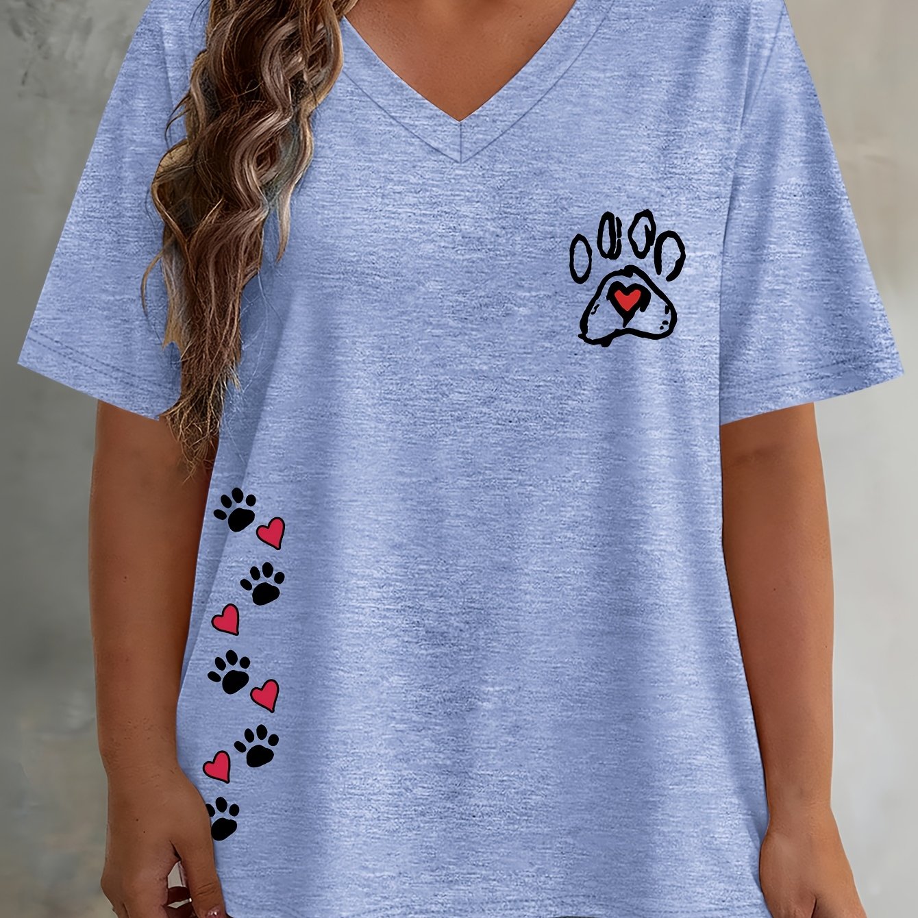 TEMU Plus Size, /summer Plus-size Women's Fashion Multi-position Heart Paw Print Loose Drop-shoulder Half-sleeve T-shirt, High-quality Women's Top,