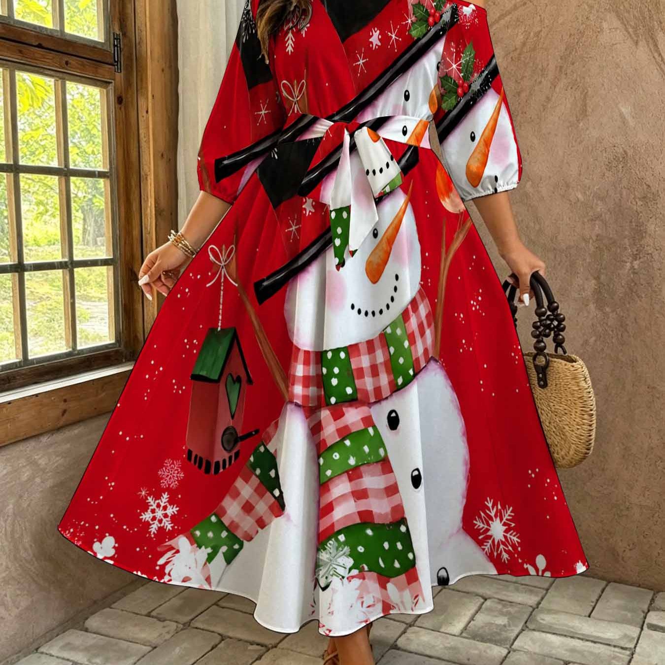 Image of Plus Size, Plus Size Christmas Snowman Print Off Shoulder Maxi Dress Bohemian Holiday Summer Casual Belted Flowy Elegant Maxi Dress, Vibrant Winter Festive Art, Comfortable Soft Fabric