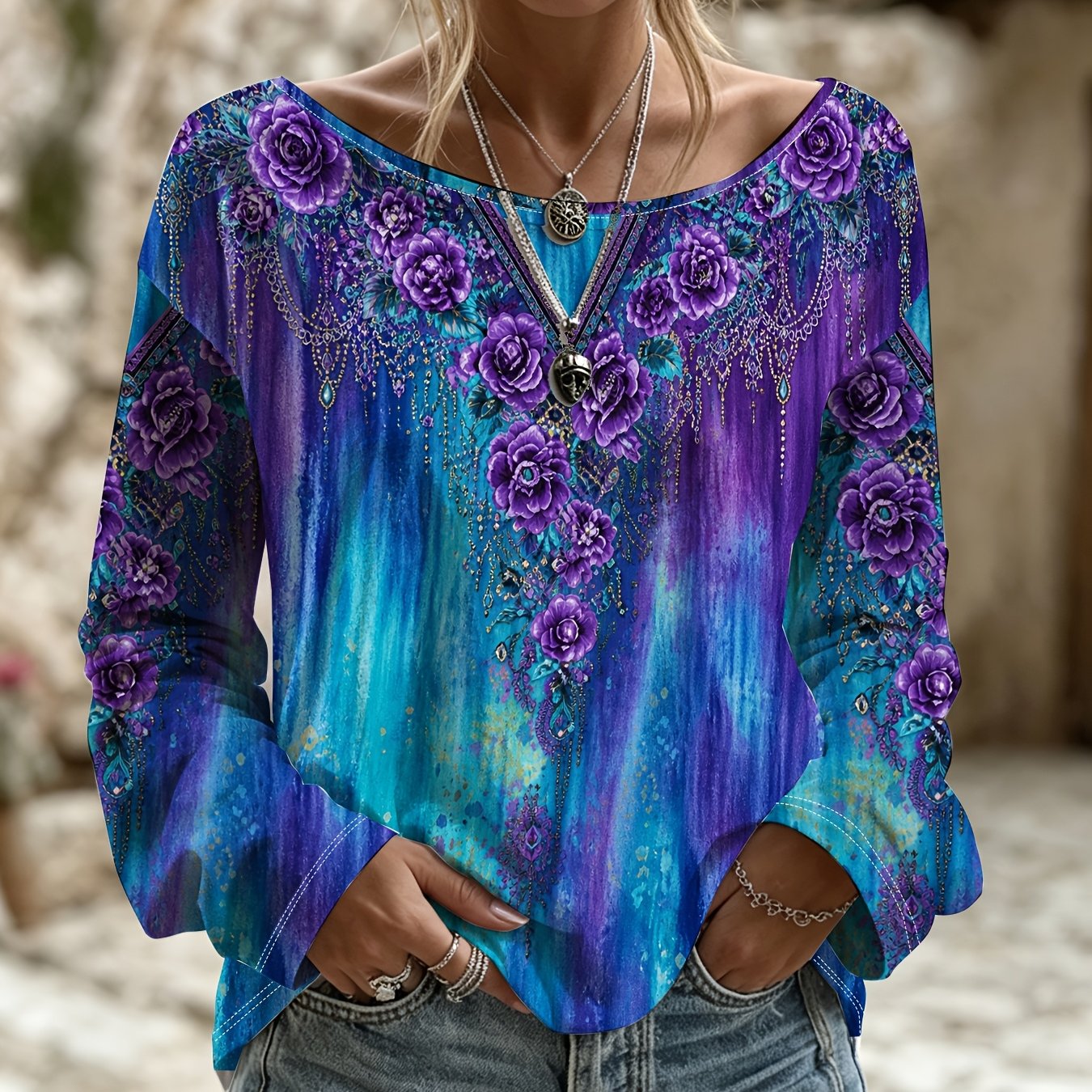 TEMU Plus Size - Women' Neck Loose Long Sleeve T-shirt, Blue-purple Gradient Purple Rose Print, Bohemian Style Lazy Drop Shoulder Casual Top