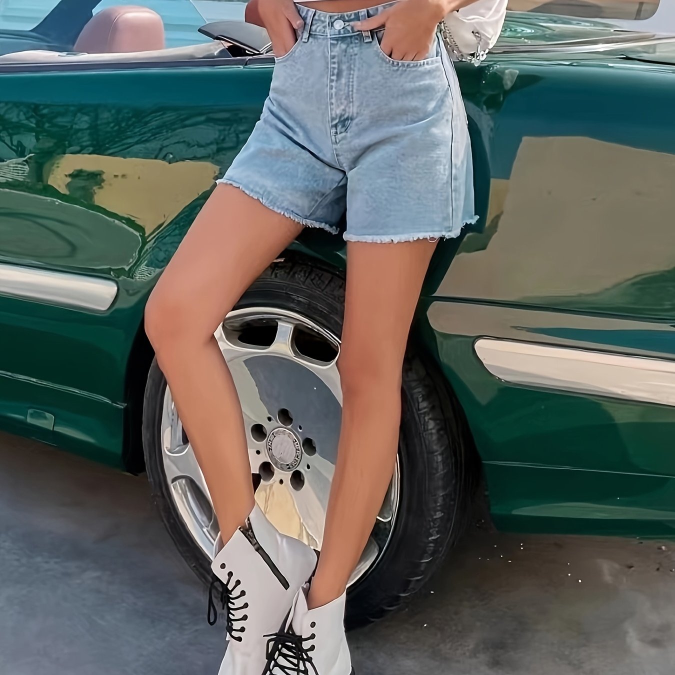Image of 26aw Women's Elastic Retro Versatile Casual Fashionable Elegant Mid-waist Pocket Machine Wash Durable Multifunctional Tassel Slim Straight Denim Shorts Street Trendy Style