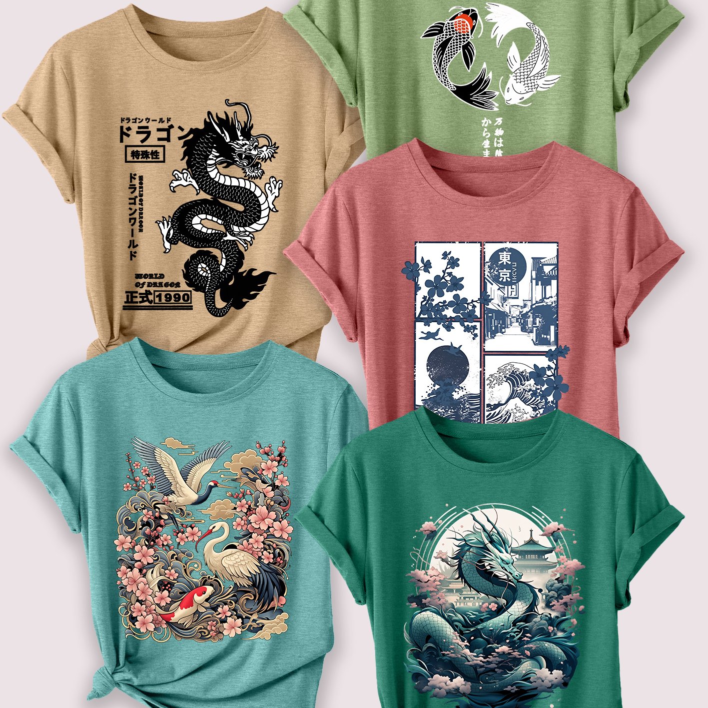 TEMU Walking A 5pcs Women's T-shirt Set, Crane Koi Black And White Dragon Pattern Cherry Illustration Retro Print Summer Casual Elegant Women's